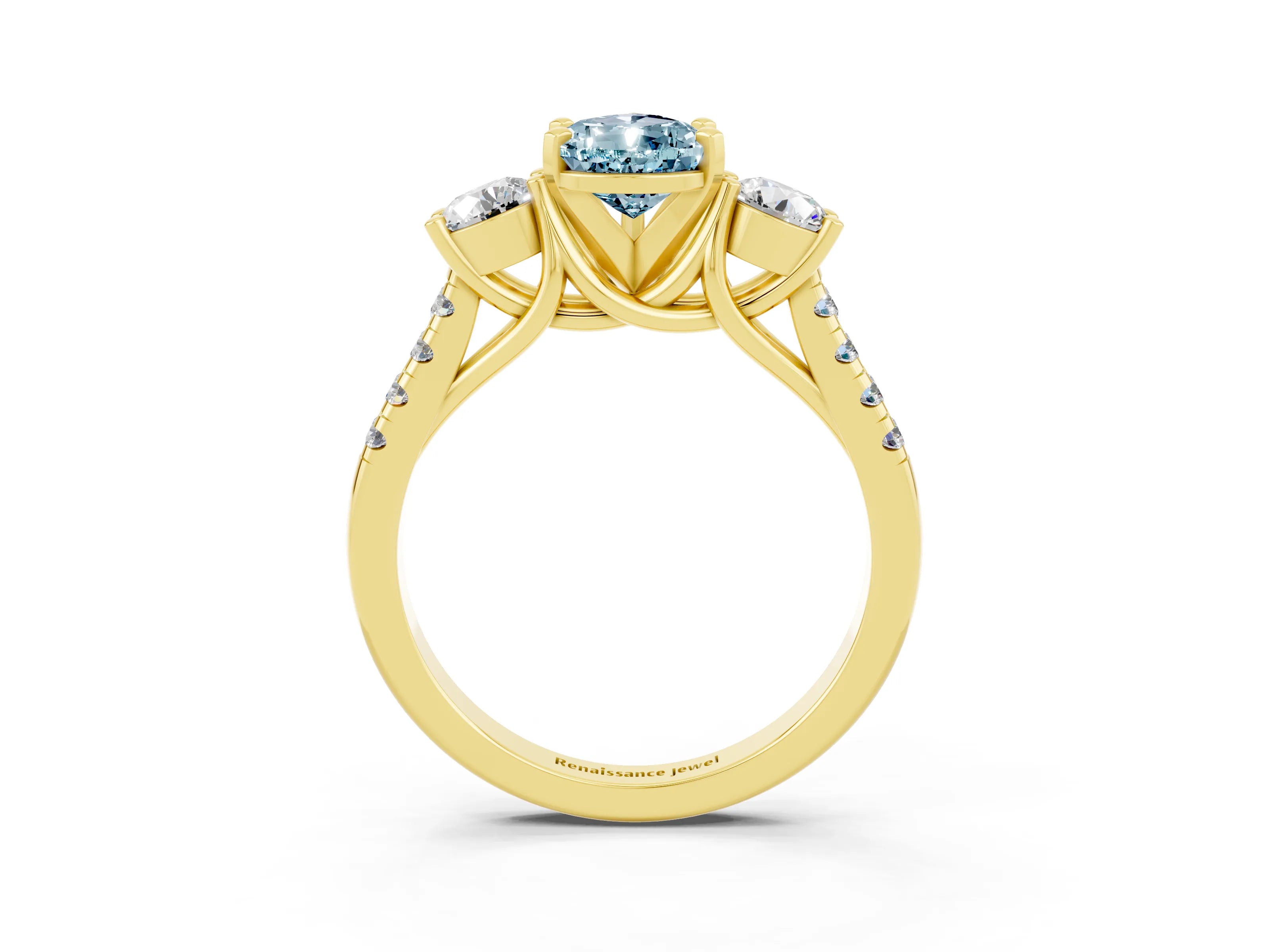 Yellow gold Three-Stone Pear Cut Aquamarine Pavé Band with Four-Prong Setting_3