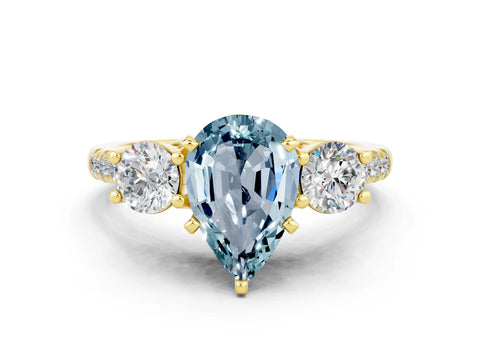 Yellow gold Three-Stone Pear Cut Aquamarine Pavé Band with Four-Prong Setting