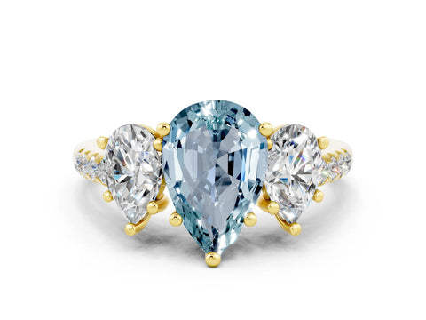 Yellow gold Three-Stone Pear Cut Aquamarine Ring with Pavé Band and Prong Setting_12
