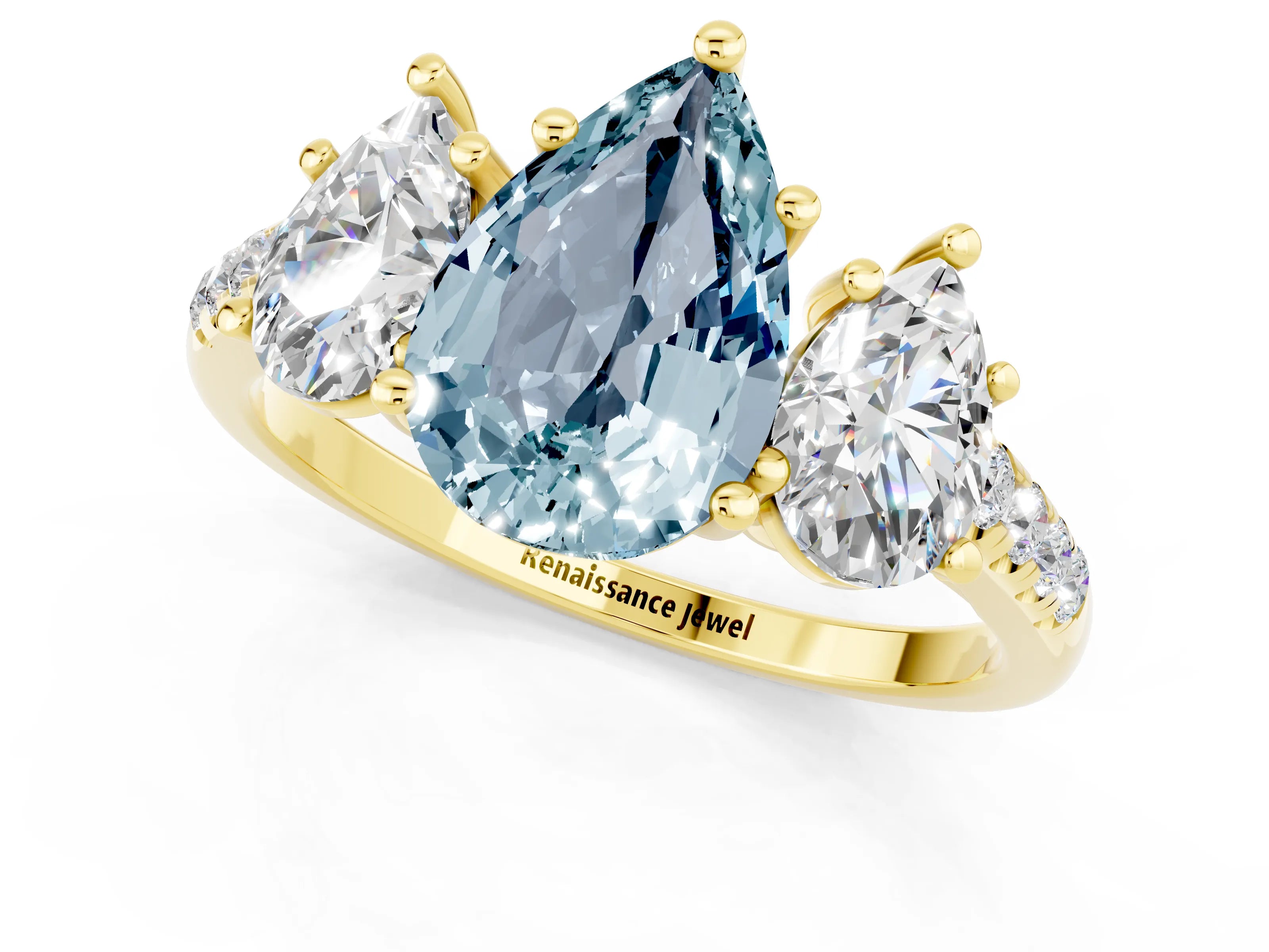 Yellow gold Three-Stone Pear Cut Aquamarine Ring with Pavé Band and Prong Setting_13