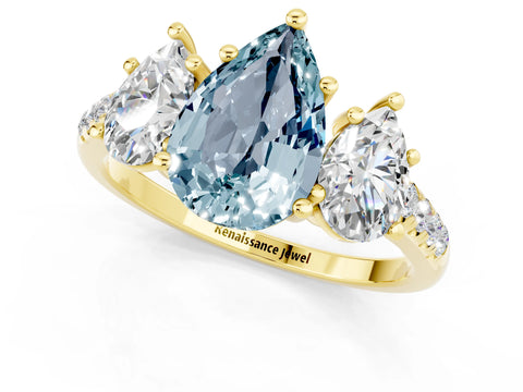 Yellow gold Three-Stone Pear Cut Aquamarine Ring with Pavé Band and Prong Setting_13