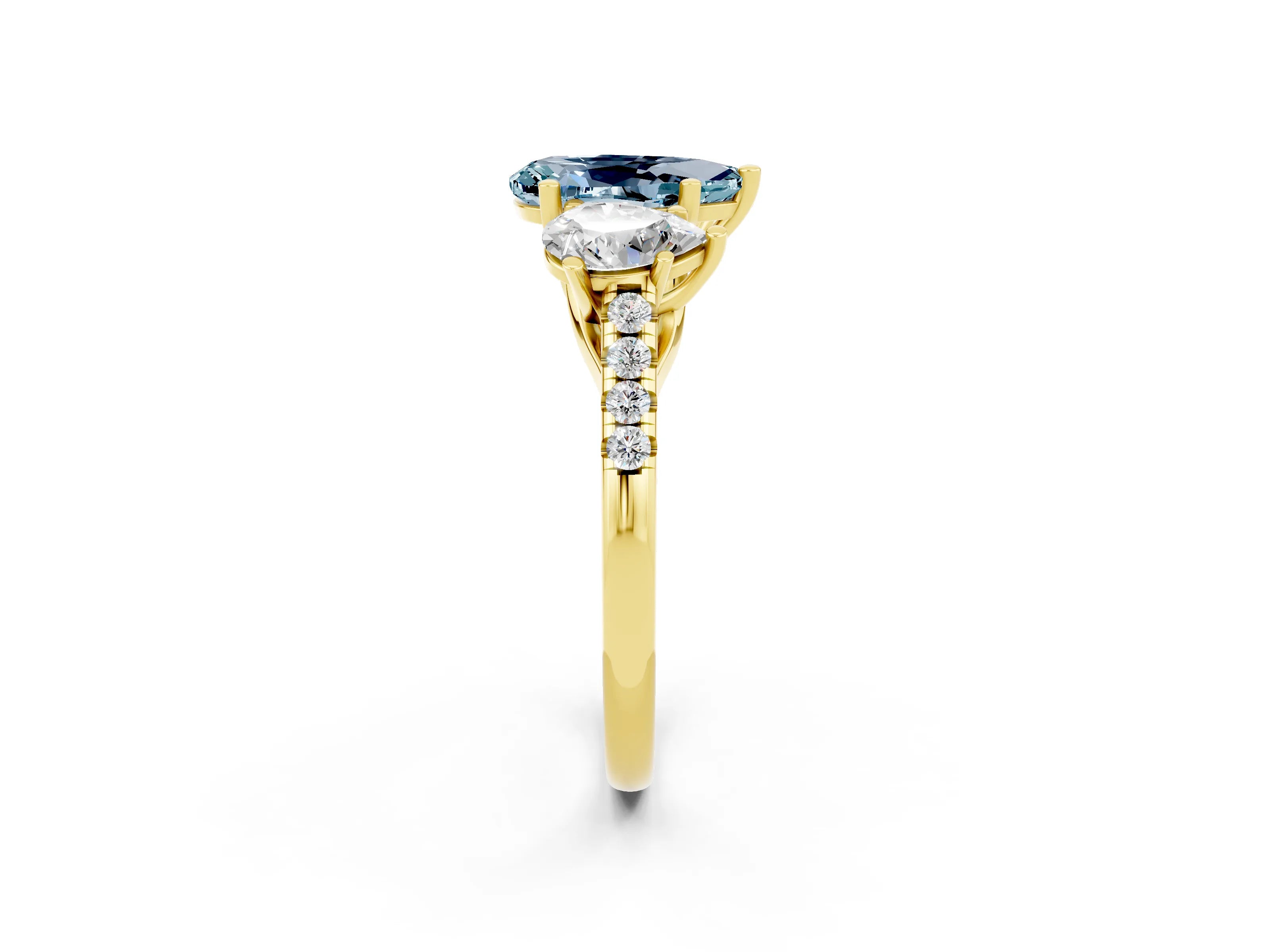 Yellow gold Three-Stone Pear Cut Aquamarine Ring with Pavé Band and Prong Setting_14