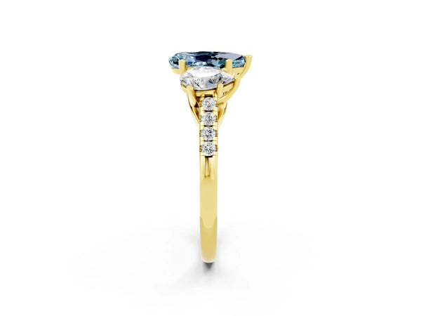Yellow gold Three-Stone Pear Cut Aquamarine Ring with Round  Pavé Band and Prong Setting