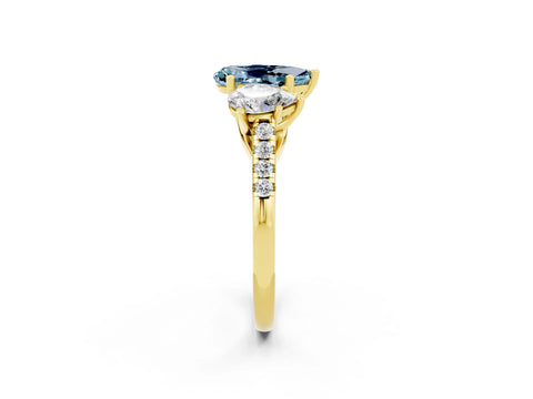Yellow gold Three-Stone Pear Cut Aquamarine Ring with Pavé Band and Prong Setting_14