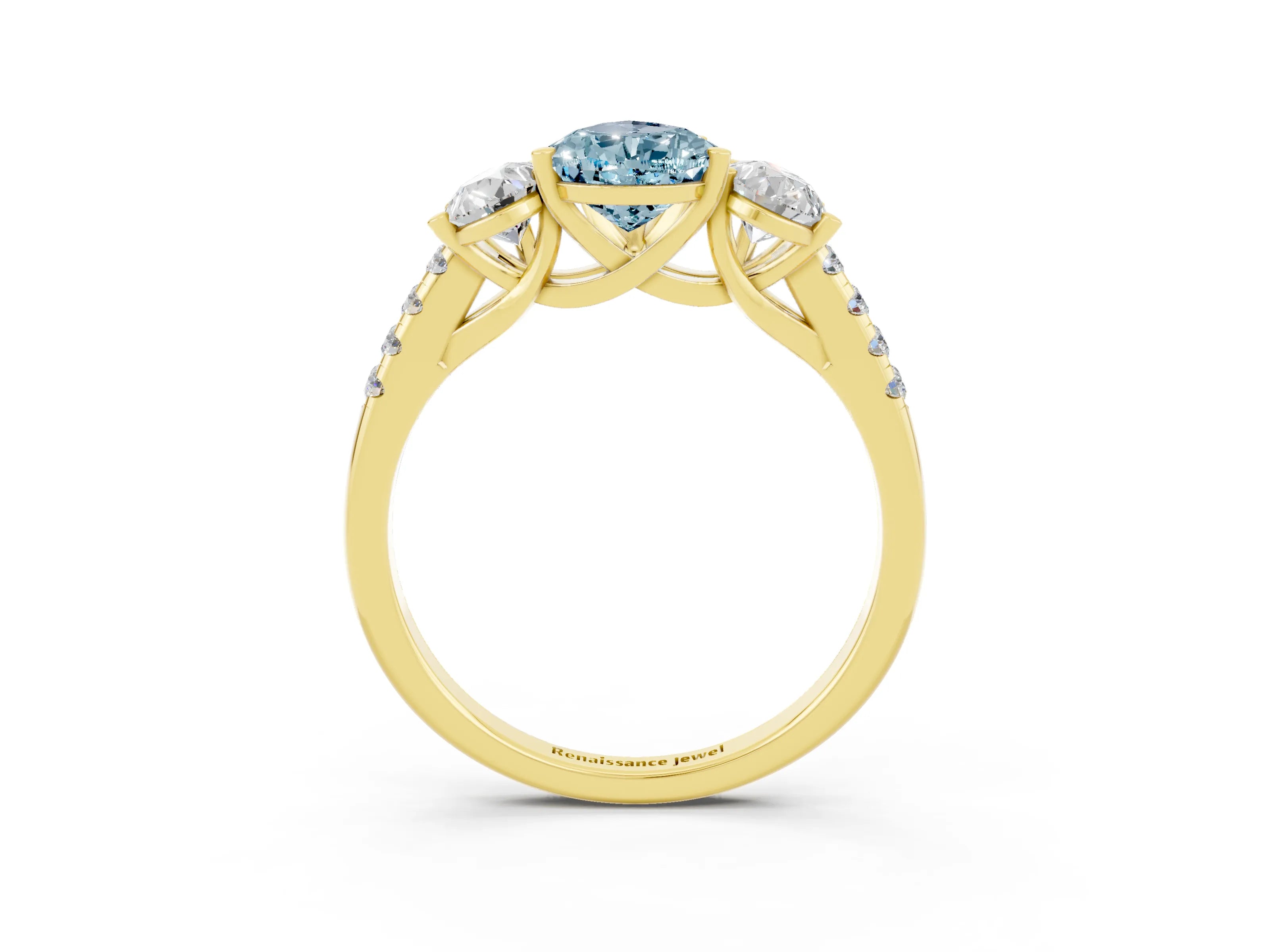 Yellow gold Three-Stone Pear Cut Aquamarine Ring with Pavé Band and Prong Setting_15