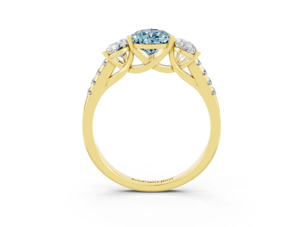 Yellow gold Three-Stone Pear Cut Aquamarine Ring with Round  Pavé Band and Prong Setting