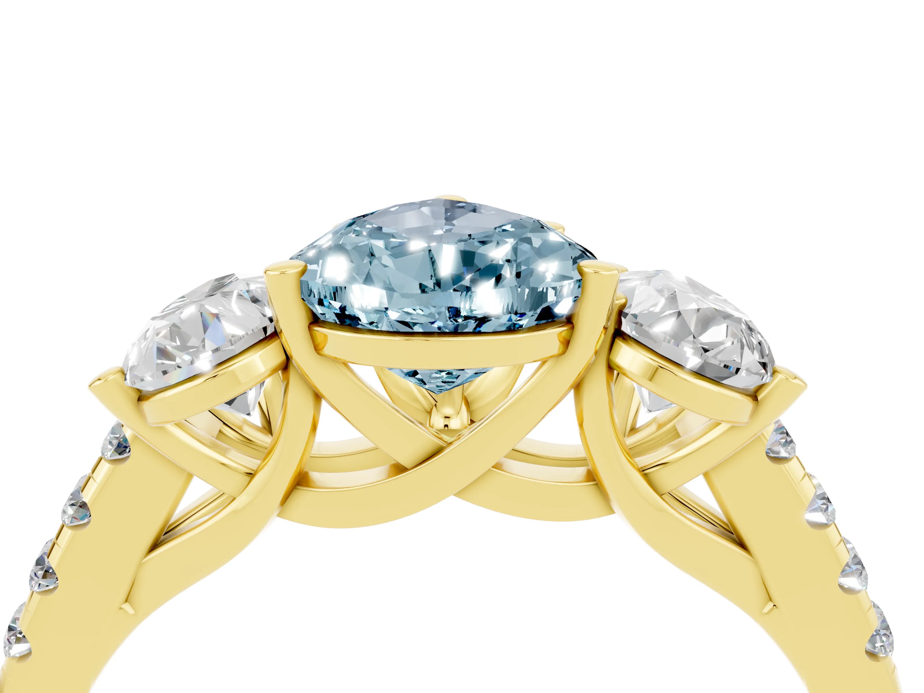 Yellow gold Three-Stone Pear Cut Aquamarine Ring with Pavé Band and Prong Setting_16