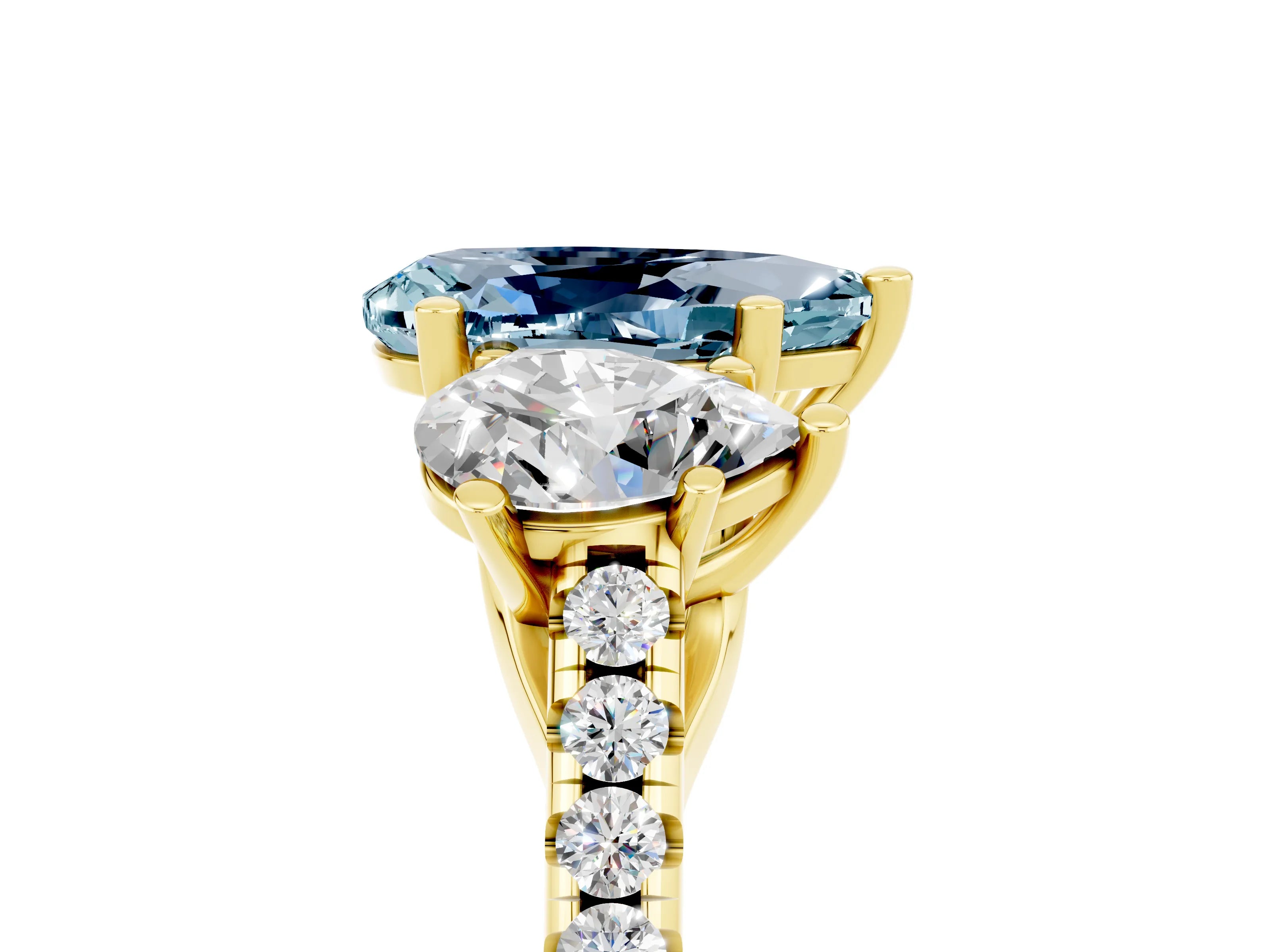 Yellow gold Three-Stone Pear Cut Aquamarine Ring with Pavé Band and Prong Setting_17