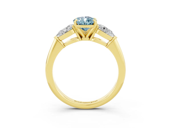 Yellow gold Three-Stone Pear Cut Aquamarine Ring with Pear Side Stones and Four-Prong Setting