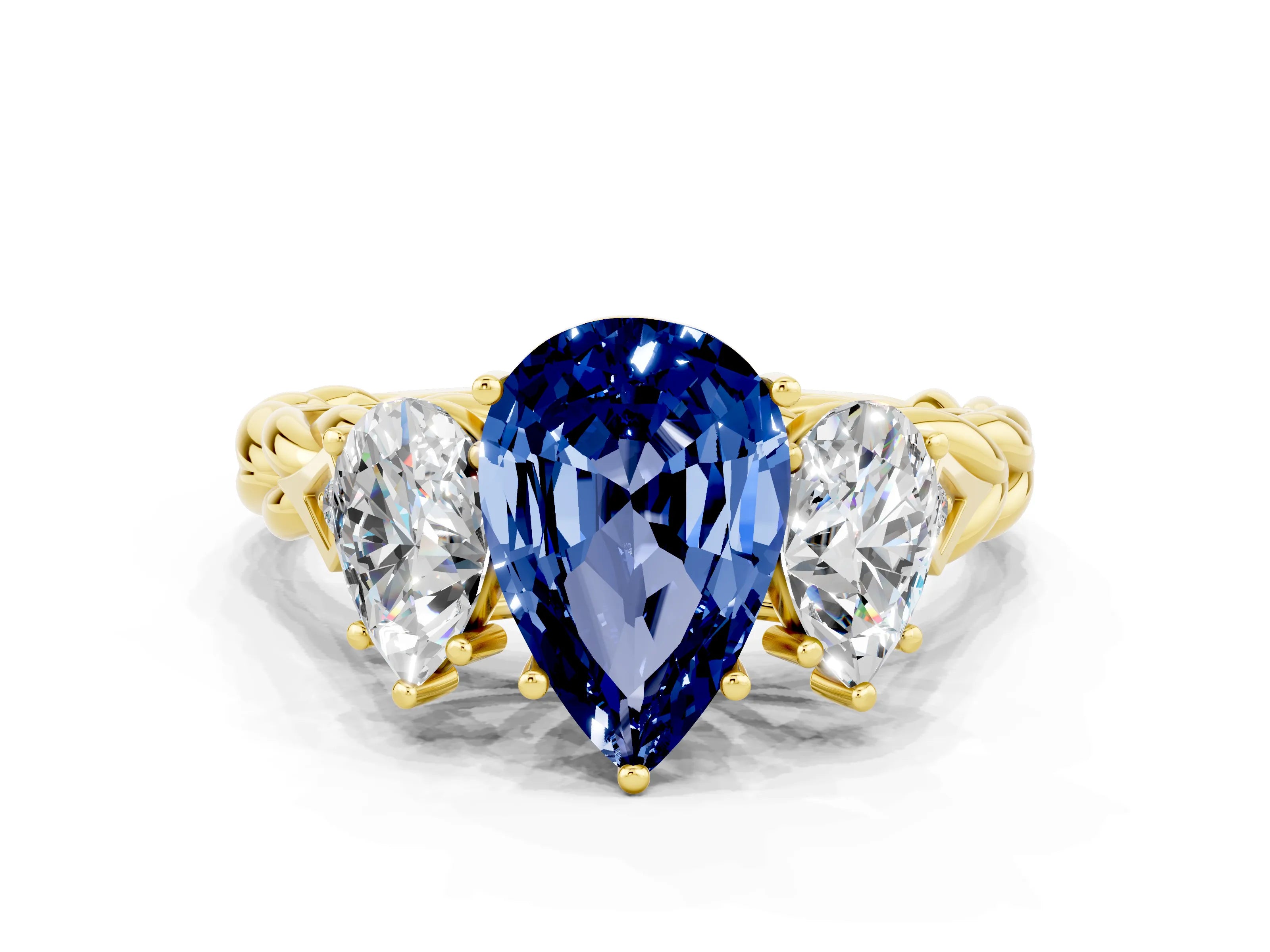 Yellow gold Three-Stone Pear Cut Blue Sapphire Braided Band Ring with Four-Prong Setting_12