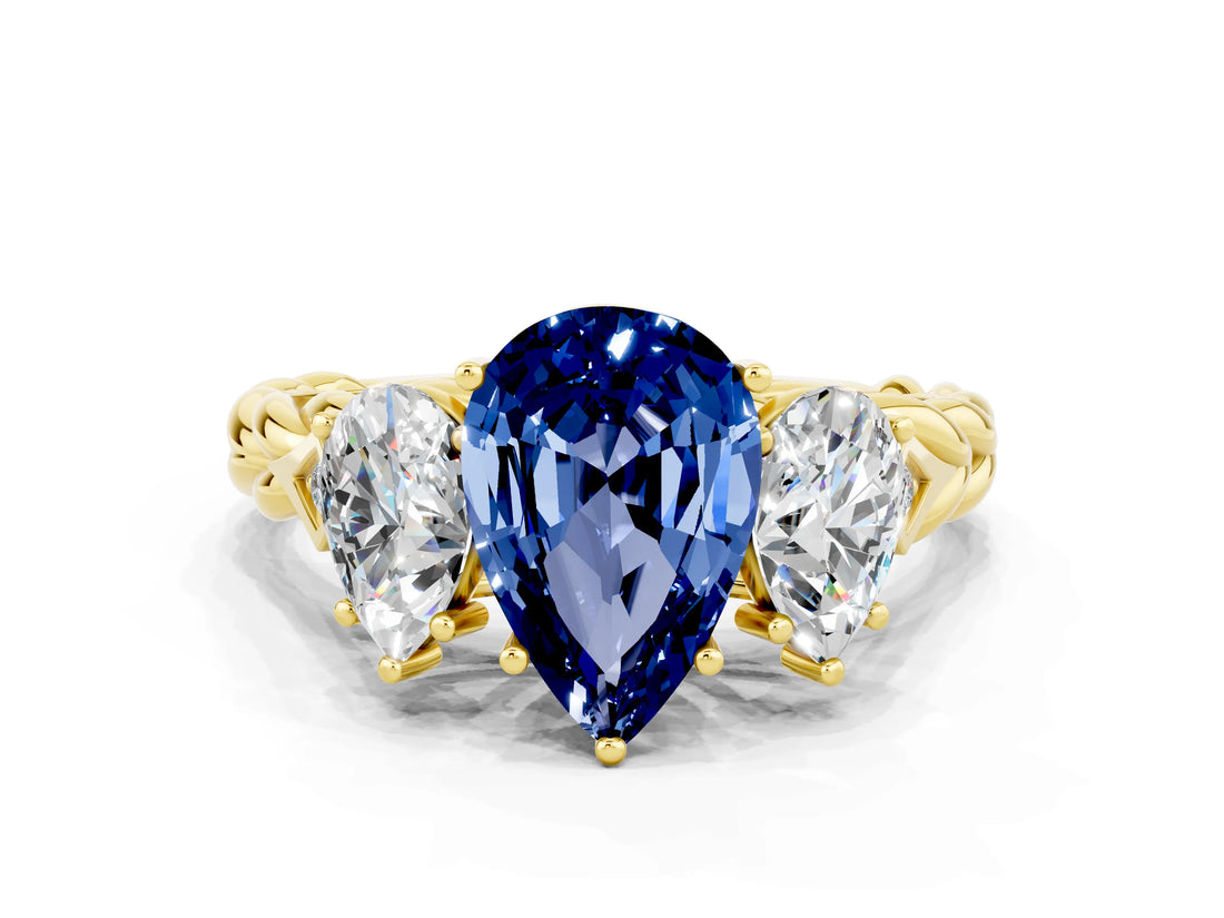 Yellow gold Three-Stone Pear Cut Blue Sapphire Braided Band Ring with Four-Prong Setting_12