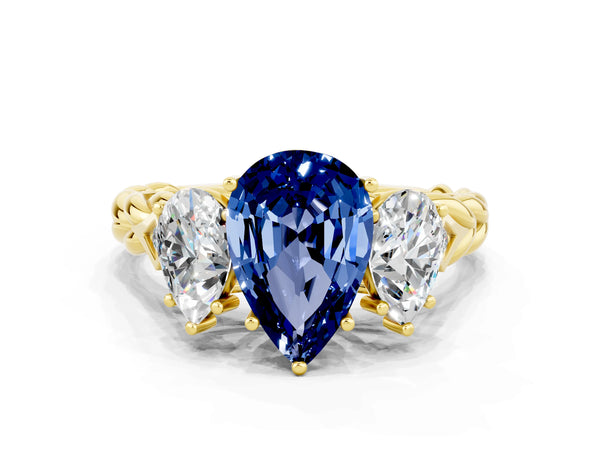 Yellow gold Three-Stone Pear Cut Blue Sapphire Braided Band Ring with Four-Prong Setting