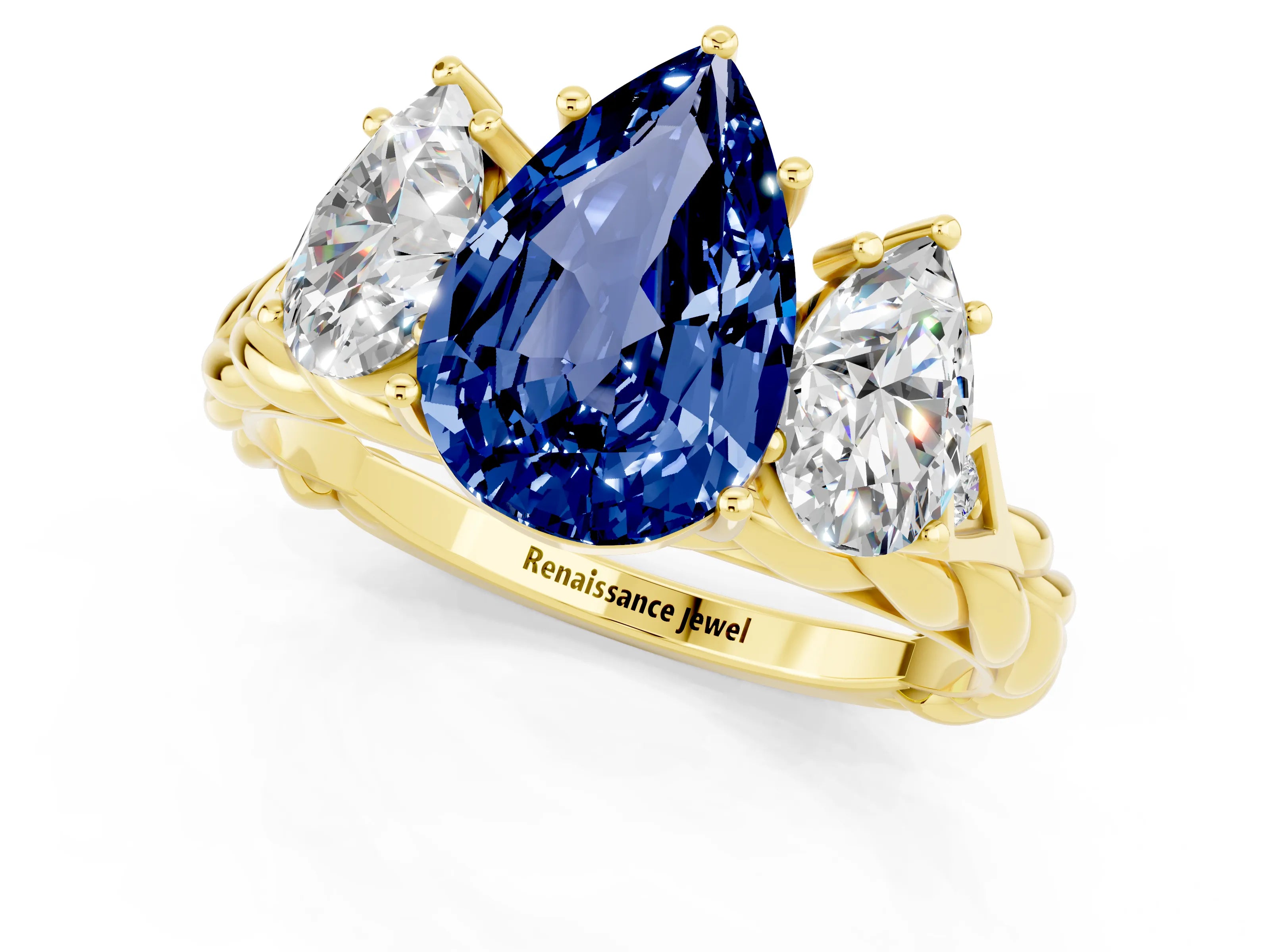 Yellow gold Three-Stone Pear Cut Blue Sapphire Braided Band Ring with Four-Prong Setting_13