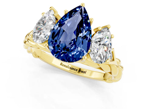 Yellow gold Three-Stone Pear Cut Blue Sapphire Braided Band Ring with Four-Prong Setting_13
