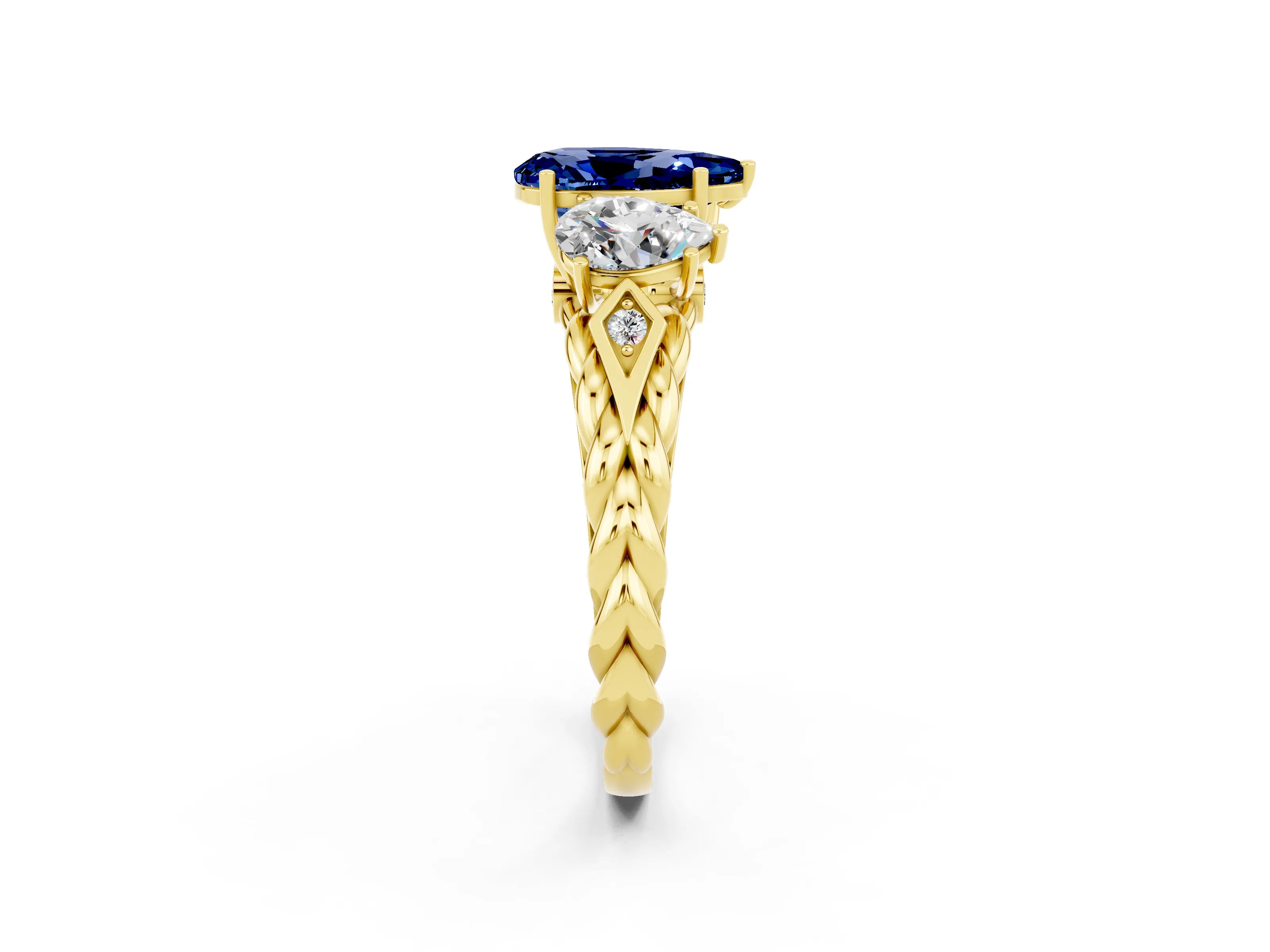 Yellow gold Three-Stone Pear Cut Blue Sapphire Braided Band Ring with Four-Prong Setting_14