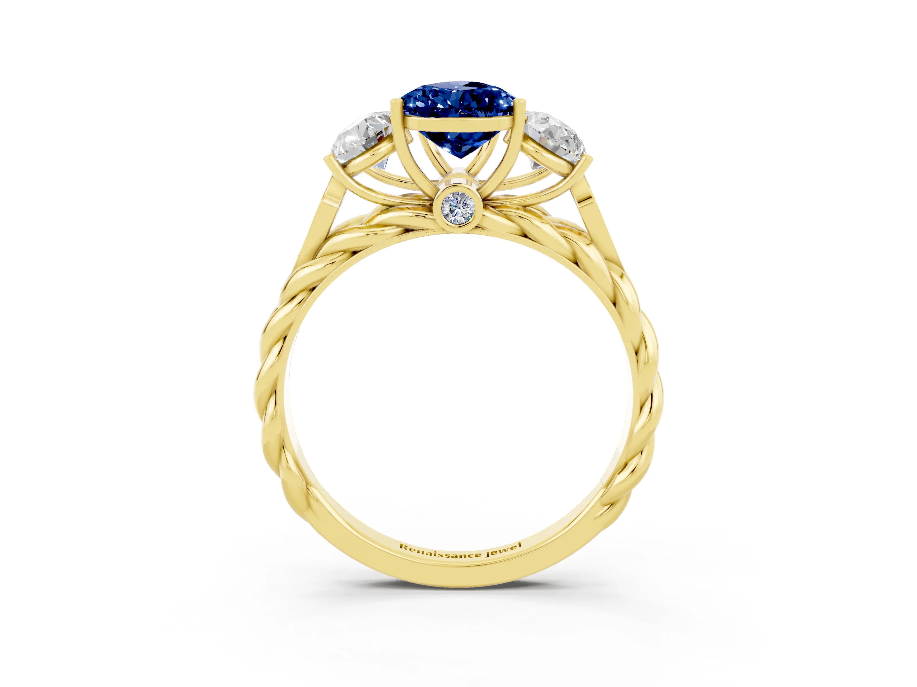 Yellow gold Three-Stone Pear Cut Blue Sapphire Braided Band Ring with Four-Prong Setting_15