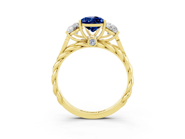 Yellow gold Three-Stone Pear Cut Blue Sapphire Braided Band Ring with Four-Prong Setting