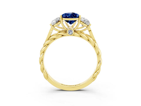 Yellow gold Three-Stone Pear Cut Blue Sapphire Braided Band Ring with Four-Prong Setting_15