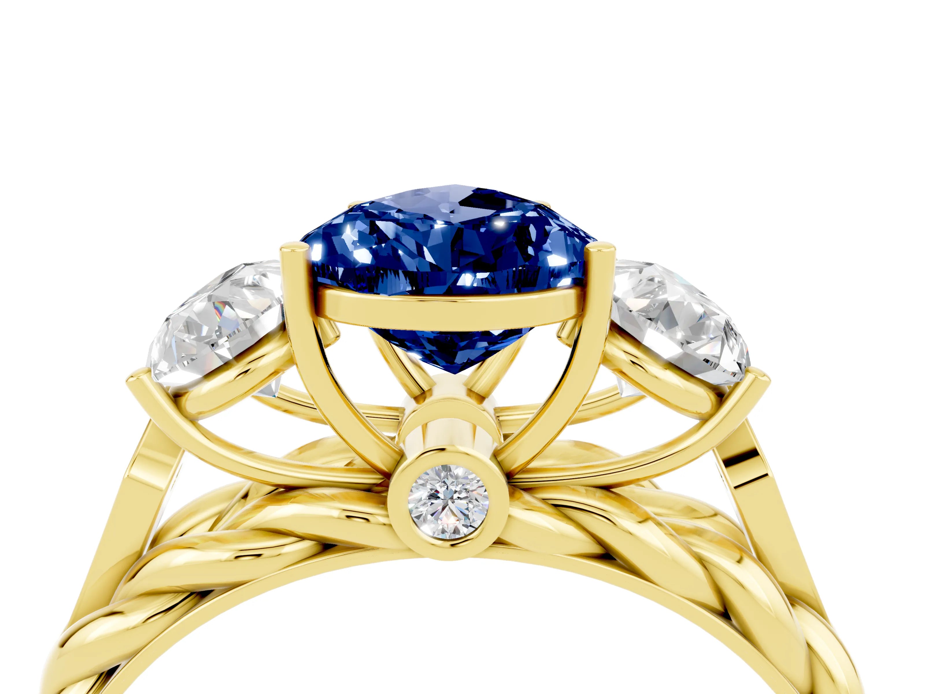 Yellow gold Three-Stone Pear Cut Blue Sapphire Braided Band Ring with Four-Prong Setting_16