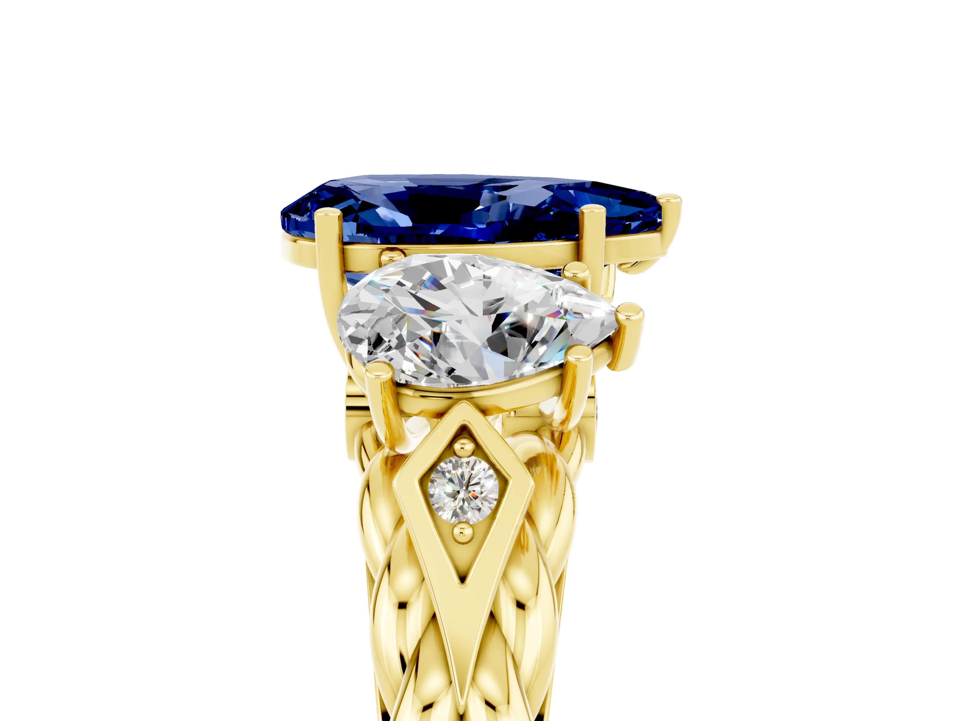 Yellow gold Three-Stone Pear Cut Blue Sapphire Braided Band Ring with Four-Prong Setting_17