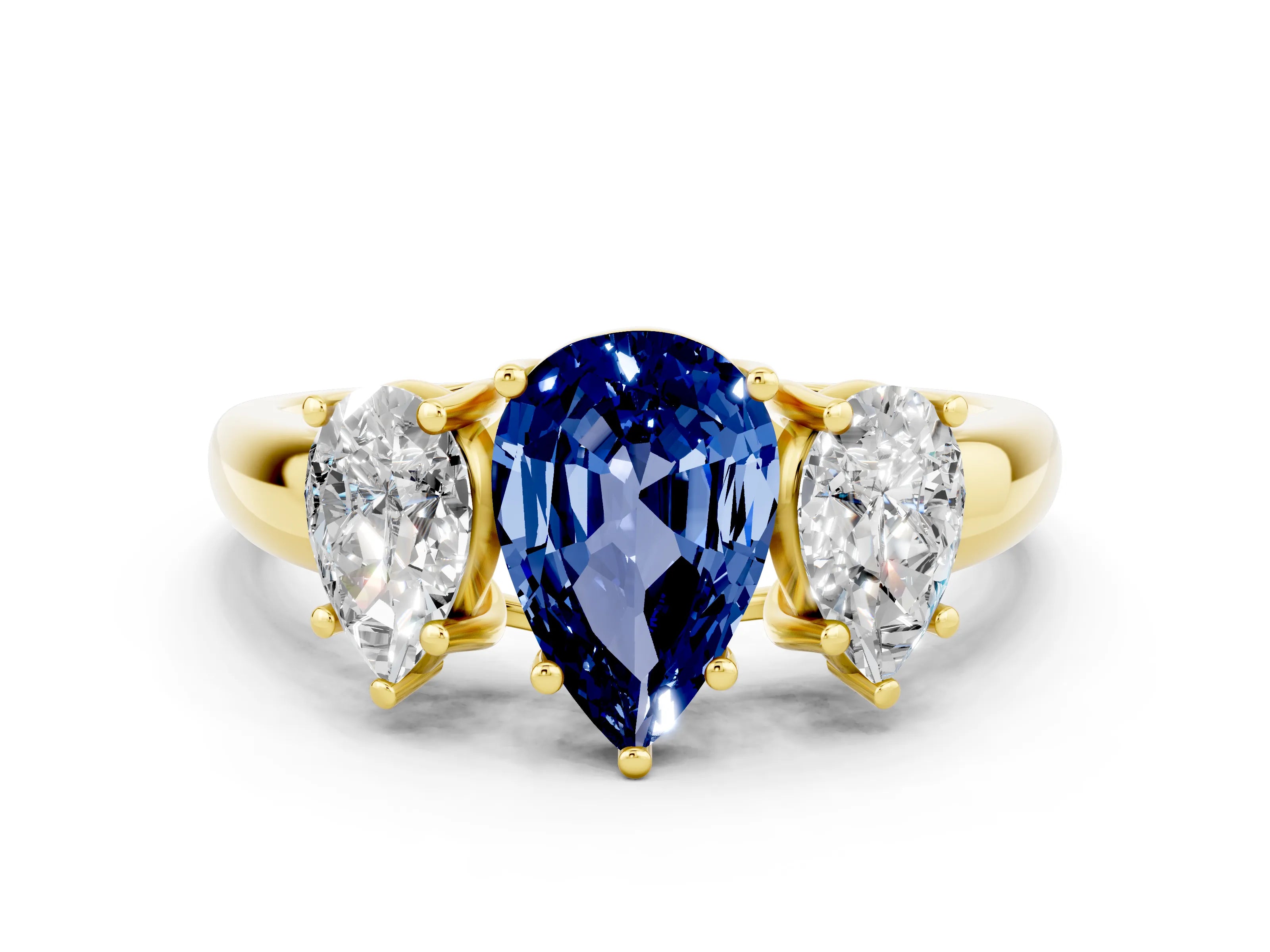 Yellow gold Three-Stone Pear Cut Blue Sapphire Engagement Ring with Prong Setting
