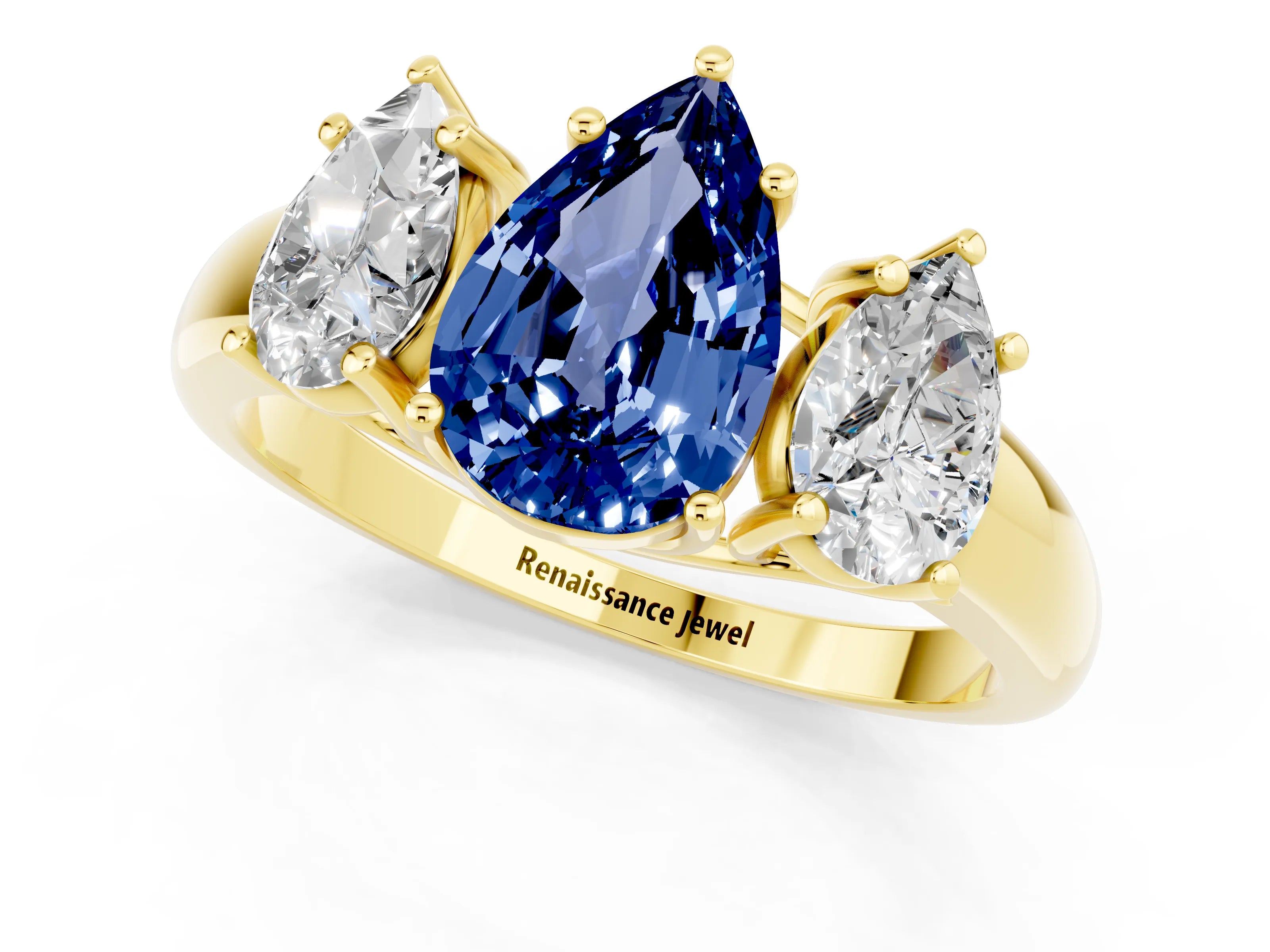 Yellow gold Three-Stone Pear Cut Blue Sapphire Engagement Ring with Prong Setting_1