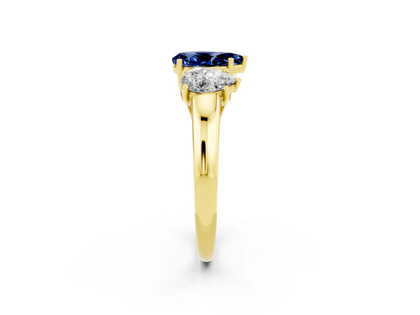 Yellow gold Three-Stone Pear Cut Blue Sapphire Engagement Ring with Prong Setting