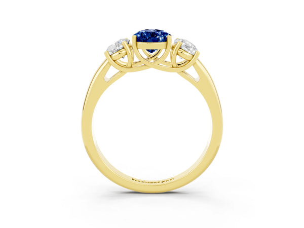 Yellow gold Three-Stone Pear Cut Blue Sapphire Engagement Ring with Prong Setting