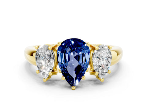 Yellow gold Three-Stone Pear Cut Blue Sapphire Engagement Ring with Prong Setting