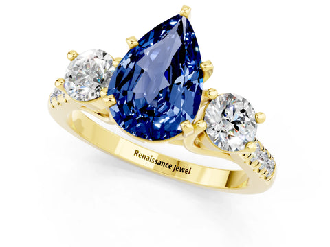 Yellow gold Three-Stone Pear Cut Blue Sapphire Pavé Band with Four-Prong Setting_1