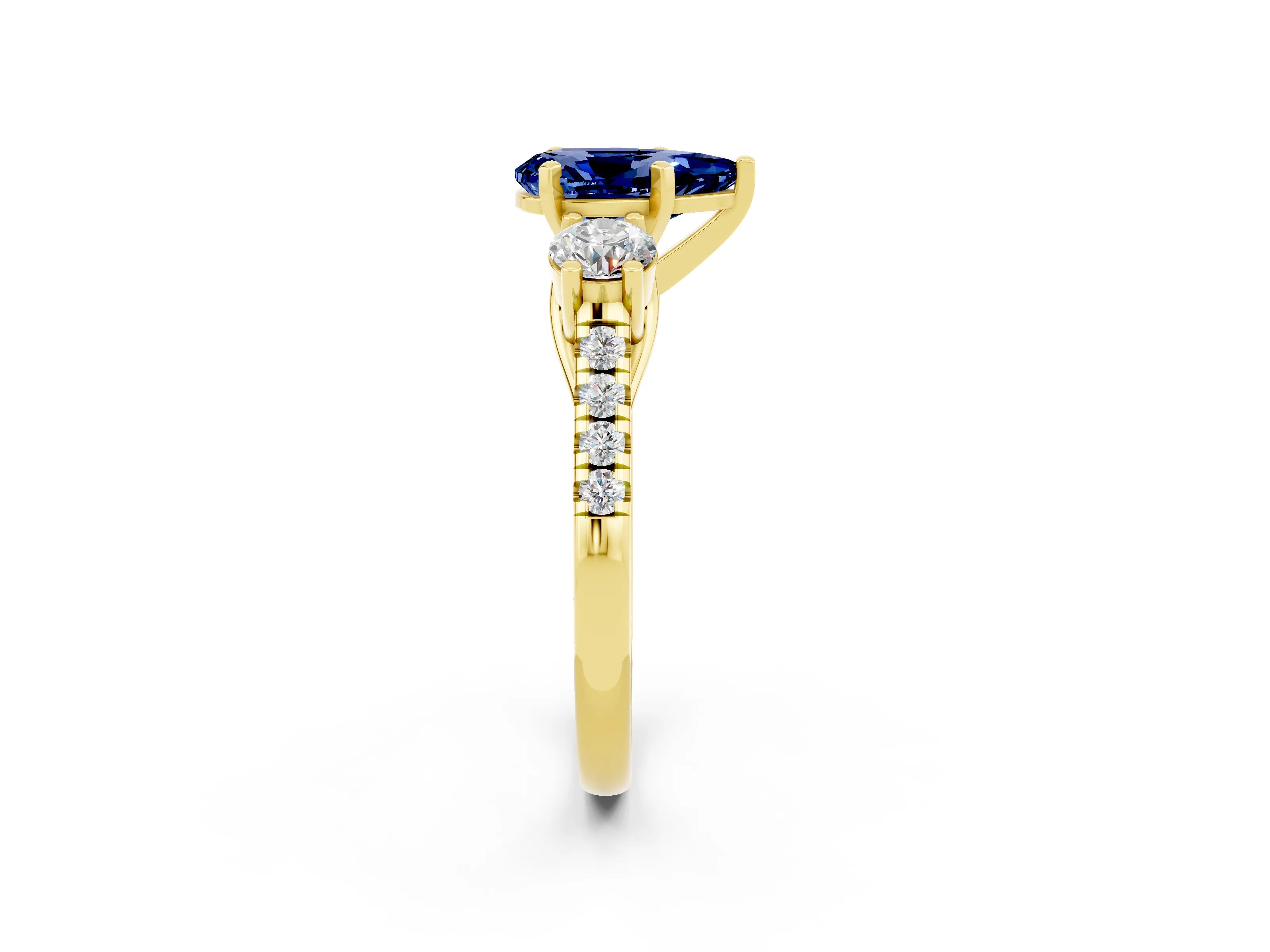 Yellow gold Three-Stone Pear Cut Blue Sapphire Pavé Band with Four-Prong Setting_2
