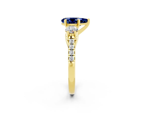 Yellow gold Three-Stone Pear Cut Blue Sapphire Pavé Band with Four-Prong Setting