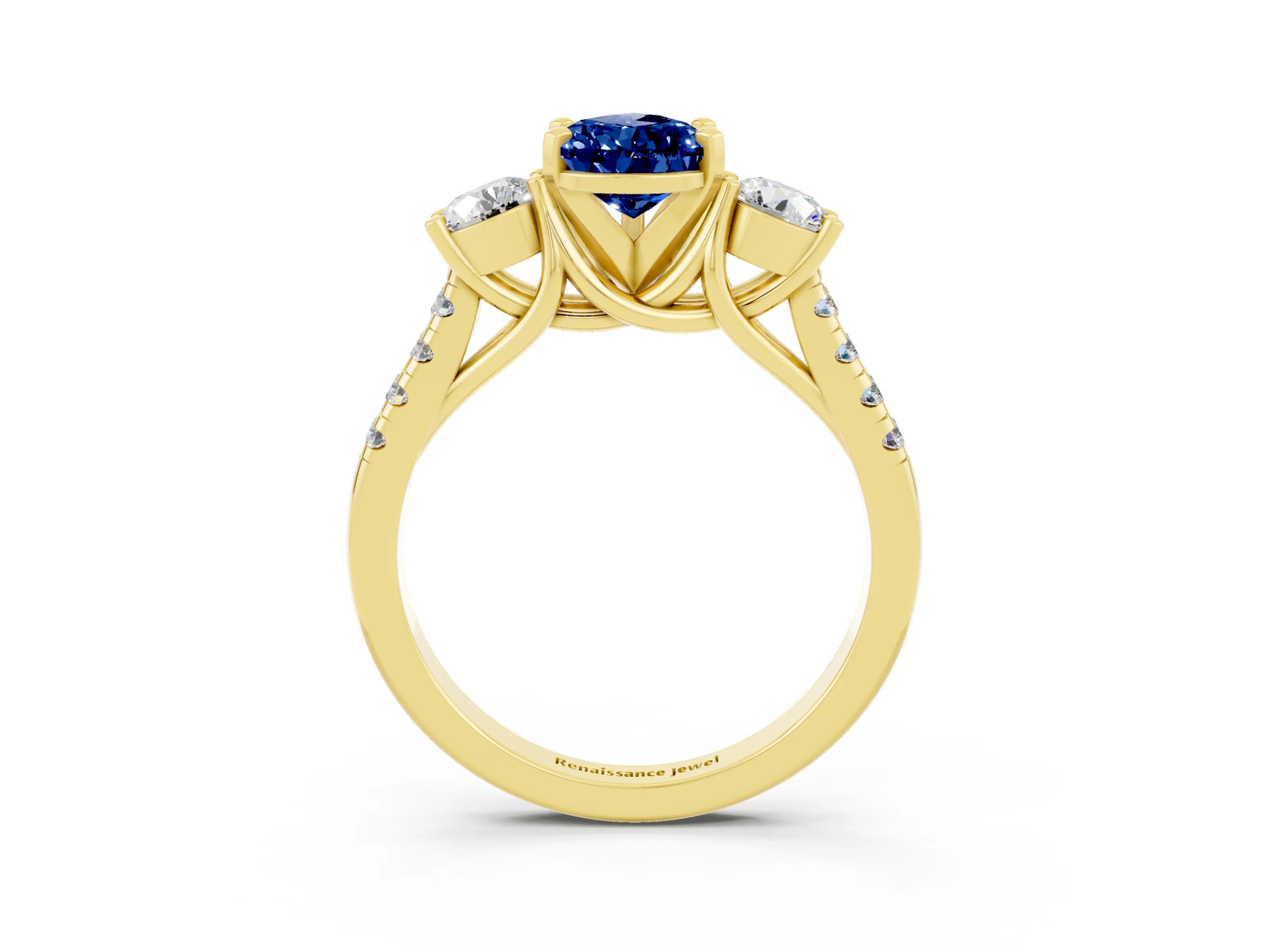 Yellow gold Three-Stone Pear Cut Blue Sapphire Pavé Band with Four-Prong Setting_3