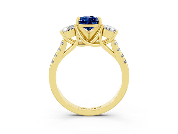 Yellow gold Three-Stone Pear Cut Blue Sapphire Pavé Band with Four-Prong Setting