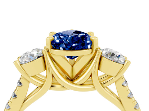 Yellow gold Three-Stone Pear Cut Blue Sapphire Pavé Band with Four-Prong Setting_4