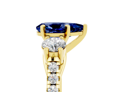 Yellow gold Three-Stone Pear Cut Blue Sapphire Pavé Band with Four-Prong Setting_5