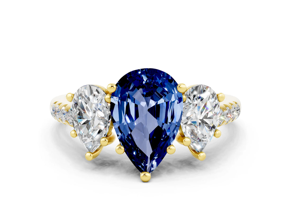 Yellow gold Three-Stone Pear Cut Blue Sapphire Ring with Pavé Band and Prong Setting_12