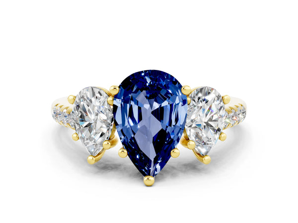 Yellow gold Three-Stone Pear Cut Blue Sapphire Ring with Round  Pavé Band and Prong Setting