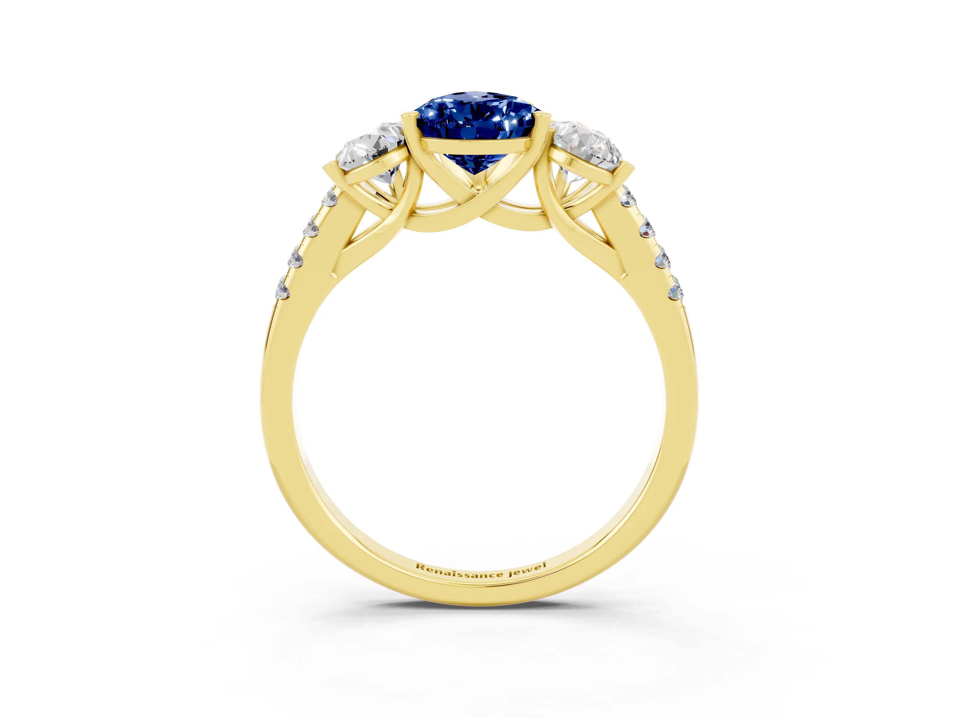 Yellow gold Three-Stone Pear Cut Blue Sapphire Ring with Pavé Band and Prong Setting_15