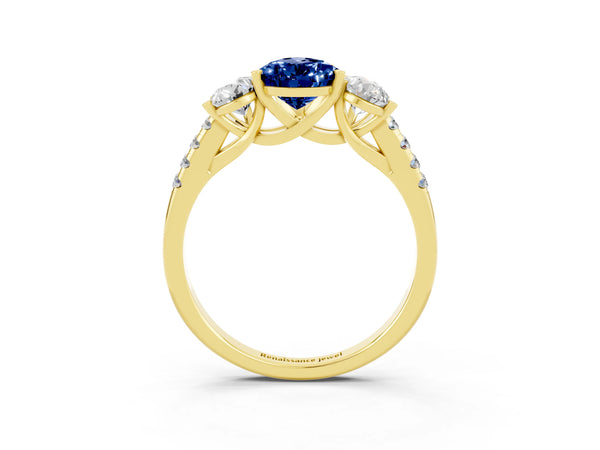 Yellow gold Three-Stone Pear Cut Blue Sapphire Ring with Round  Pavé Band and Prong Setting