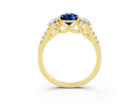 Yellow gold Three-Stone Pear Cut Blue Sapphire Ring with Pavé Band and Prong Setting_15