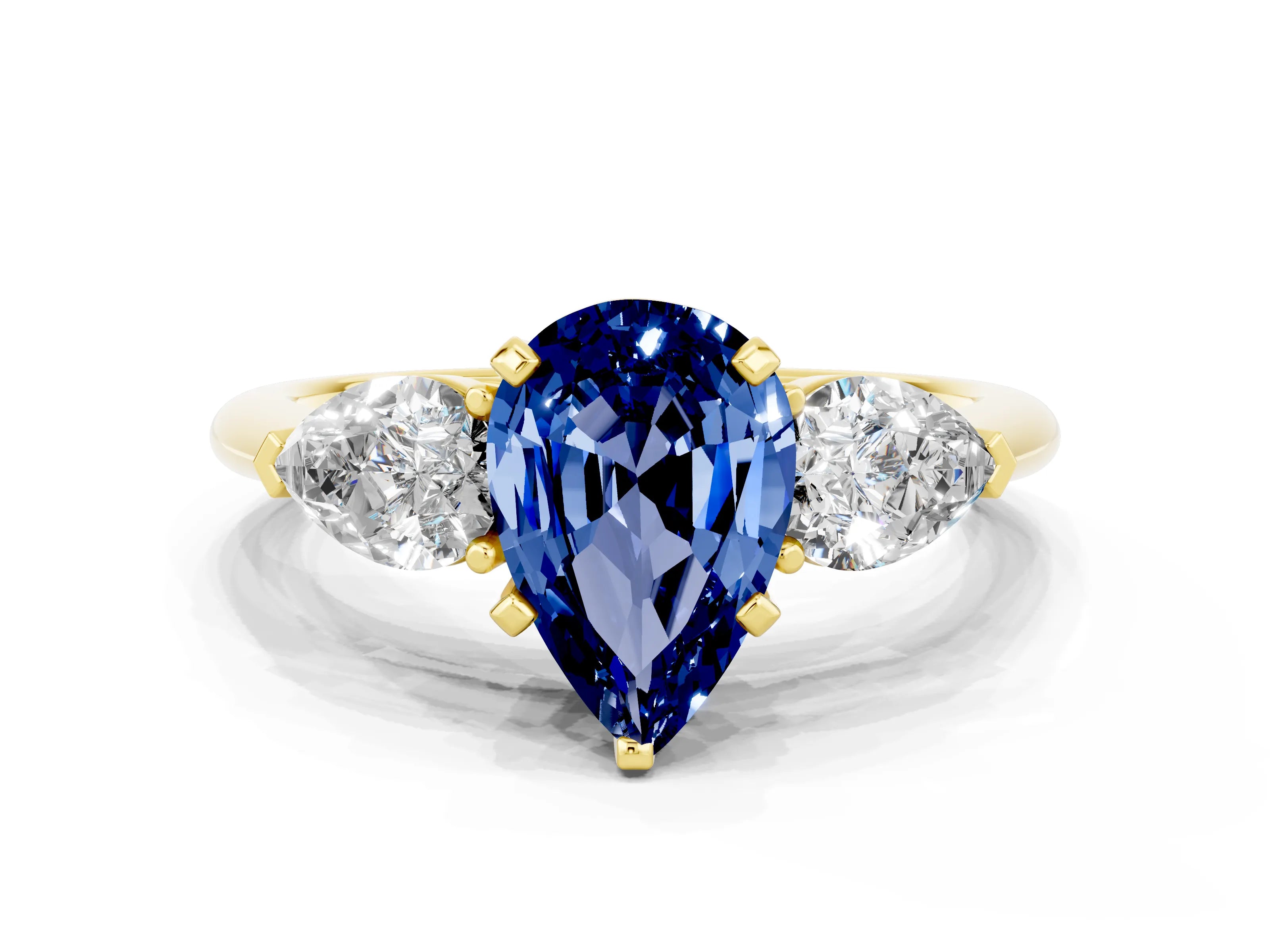 Yellow gold Three-Stone Pear Cut Blue Sapphire Ring with Pear Side Stones and Four-Prong Setting