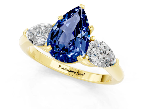 Yellow gold Three-Stone Pear Cut Blue Sapphire Ring with Pear Side Stones and Four-Prong Setting