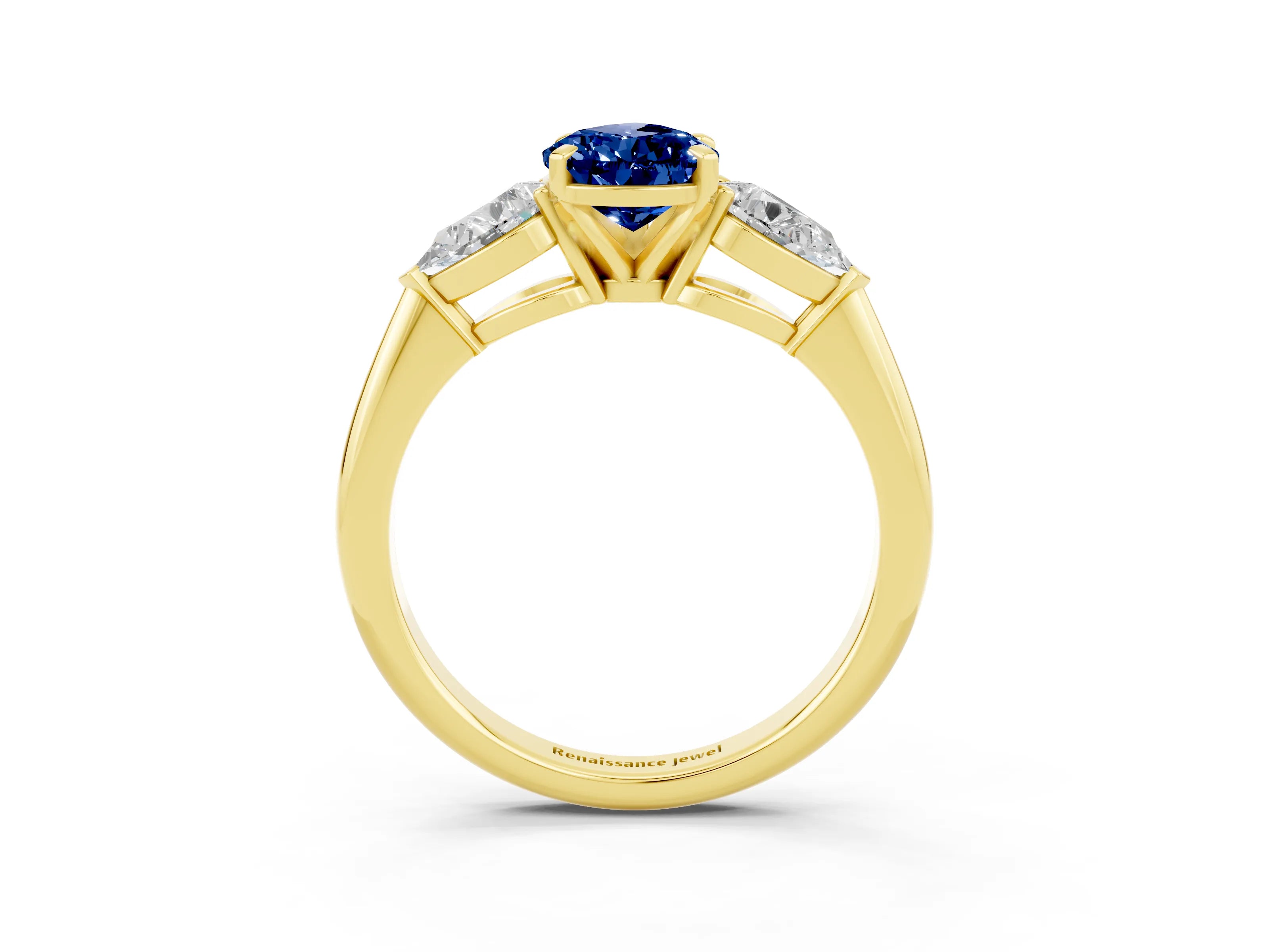 Yellow gold Three-Stone Pear Cut Blue Sapphire Ring with Pear Side Stones and Four-Prong Setting_3