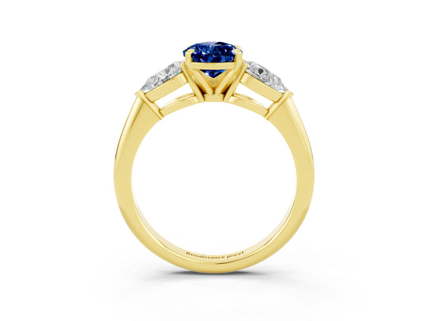 Yellow gold Three-Stone Pear Cut Blue Sapphire Ring with Pear Side Stones and Four-Prong Setting
