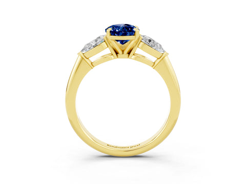 Yellow gold Three-Stone Pear Cut Blue Sapphire Ring with Pear Side Stones and Four-Prong Setting_3