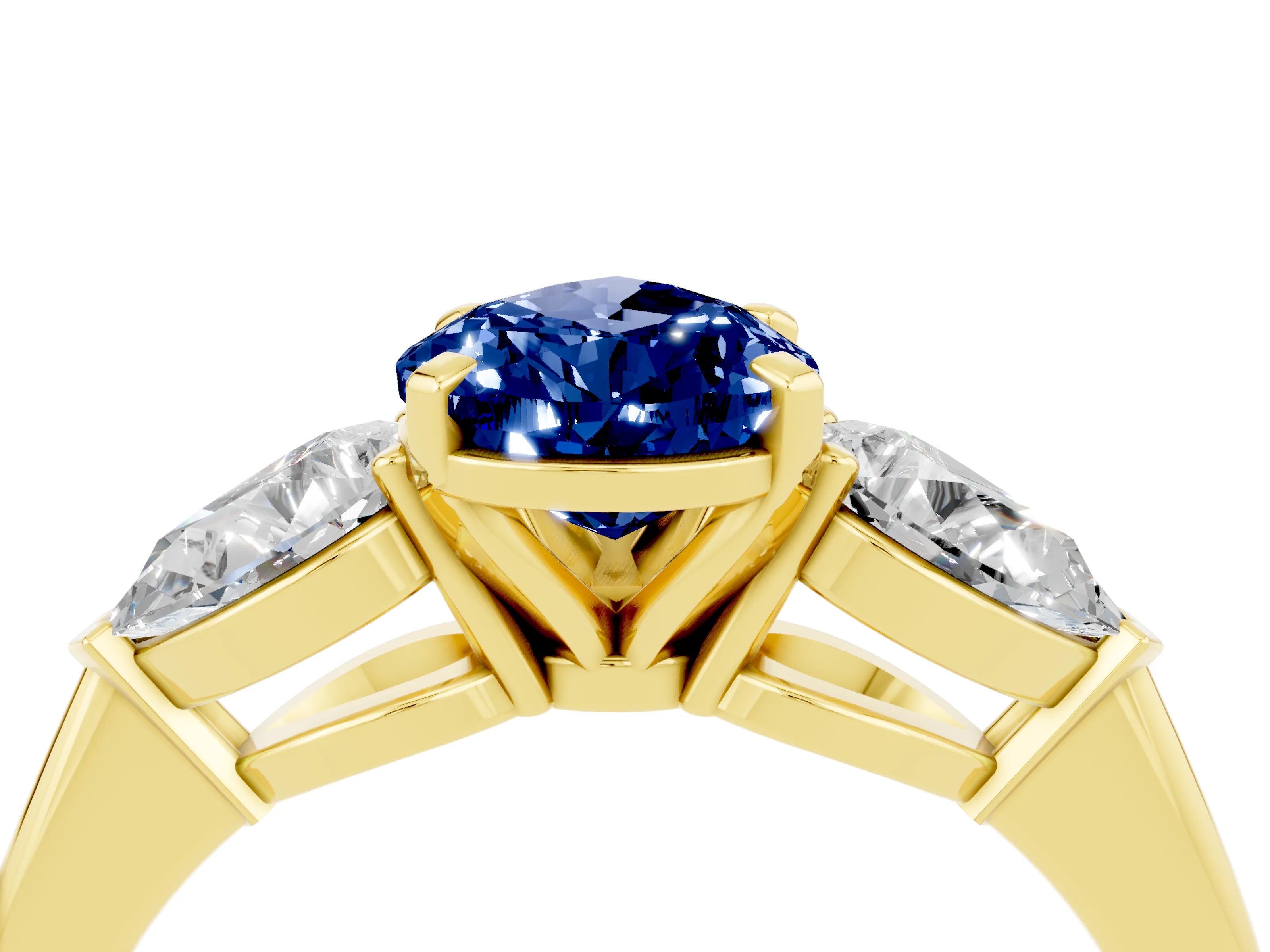 Yellow gold Three-Stone Pear Cut Blue Sapphire Ring with Pear Side Stones and Four-Prong Setting_4