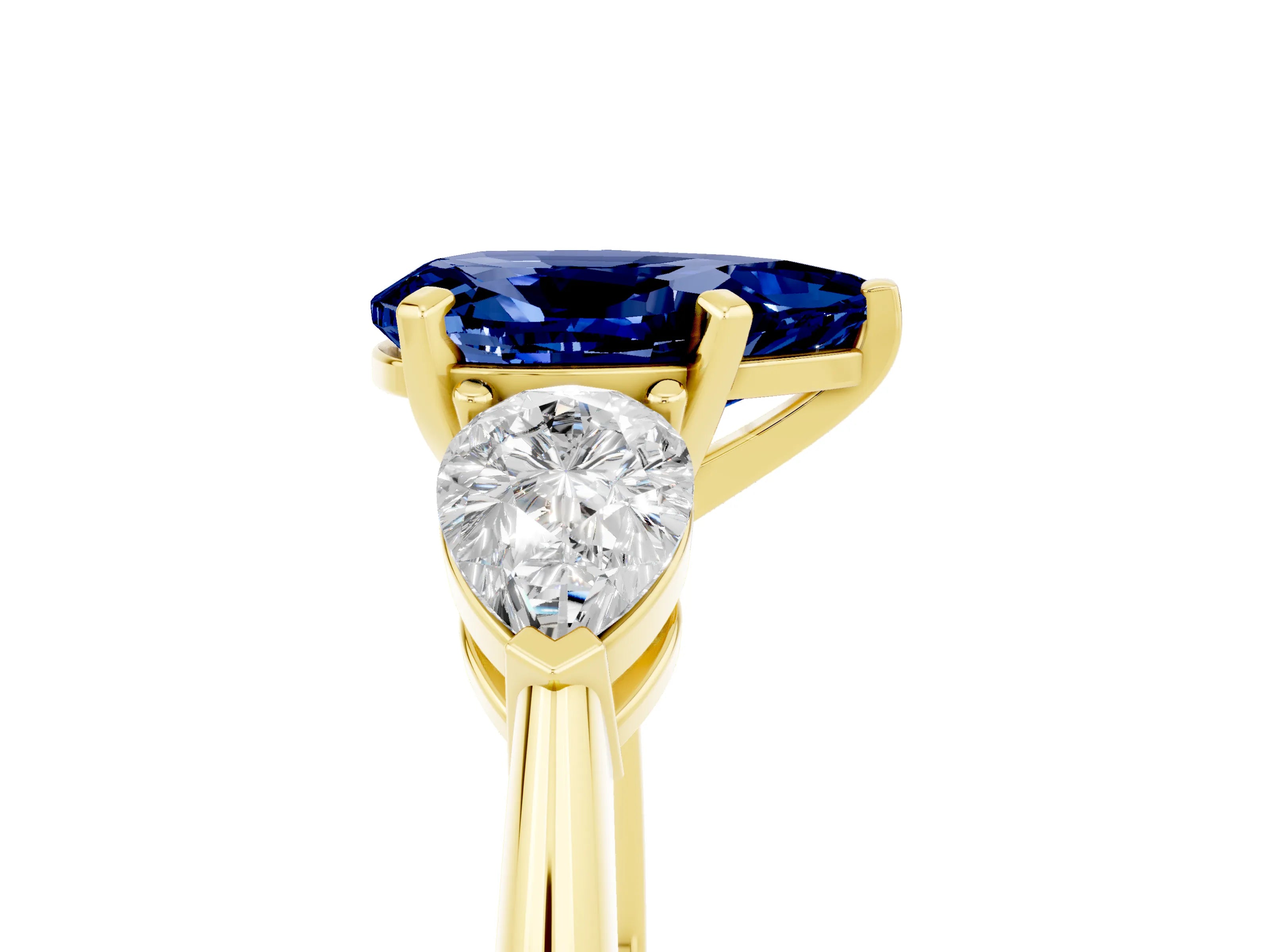 Yellow gold Three-Stone Pear Cut Blue Sapphire Ring with Pear Side Stones and Four-Prong Setting_5