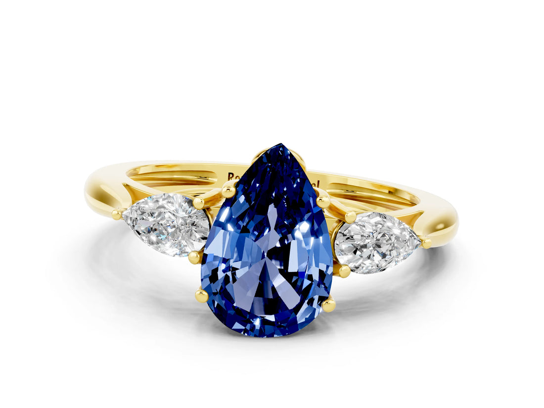 Yellow gold Three-Stone Pear Cut Blue Sapphire Ring with Pear  Side Stones in Four-Prong Setting_12
