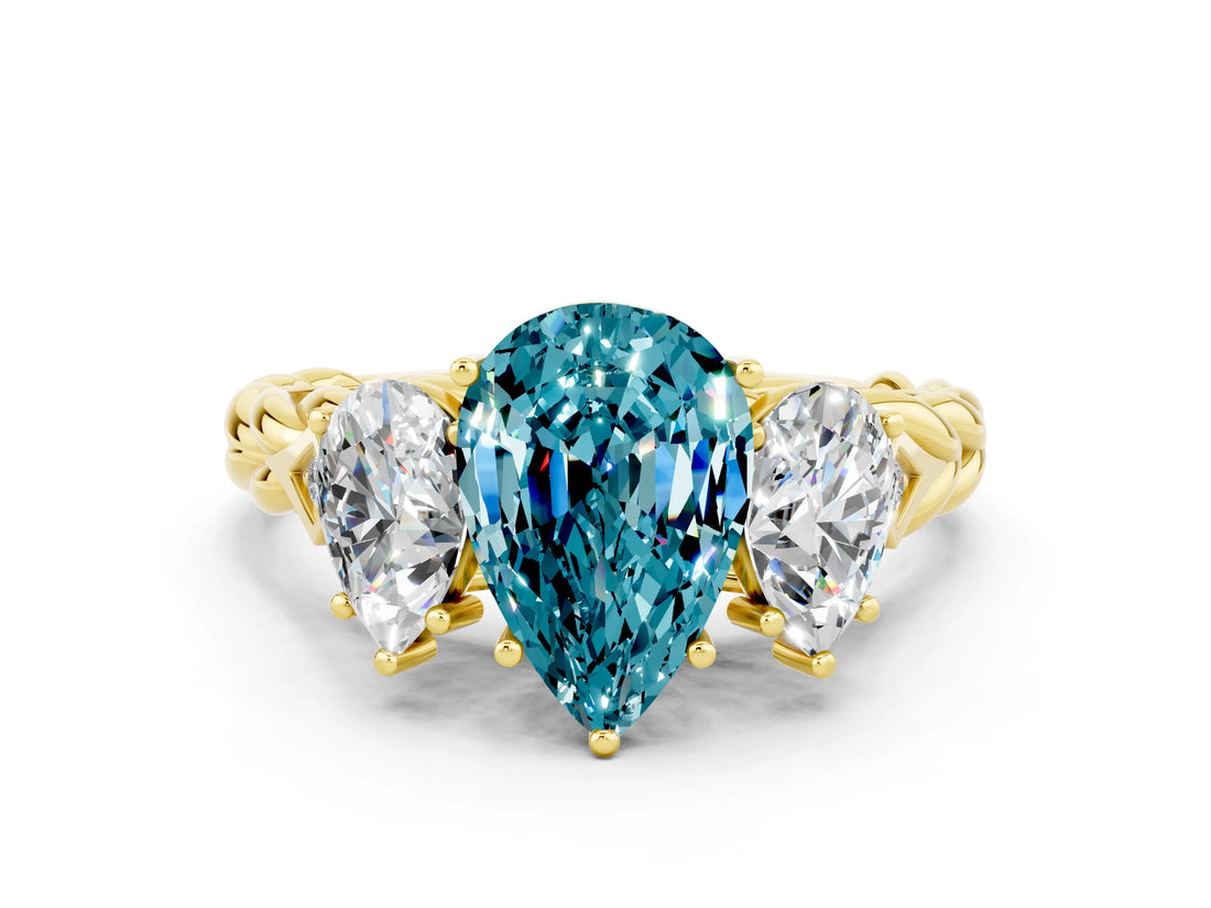 Yellow gold Three-Stone Pear Cut Blue Topaz Braided Band Ring with Four-Prong Setting_12
